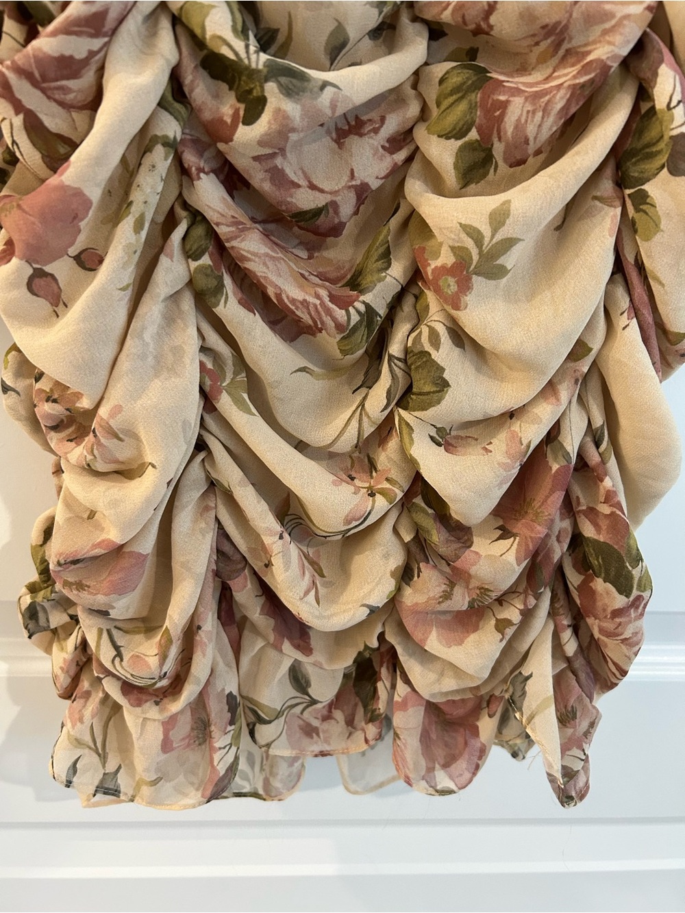 Zara Zimmerman Floral Ruched Dress Tan Pink Size L - Picture 12 of 14